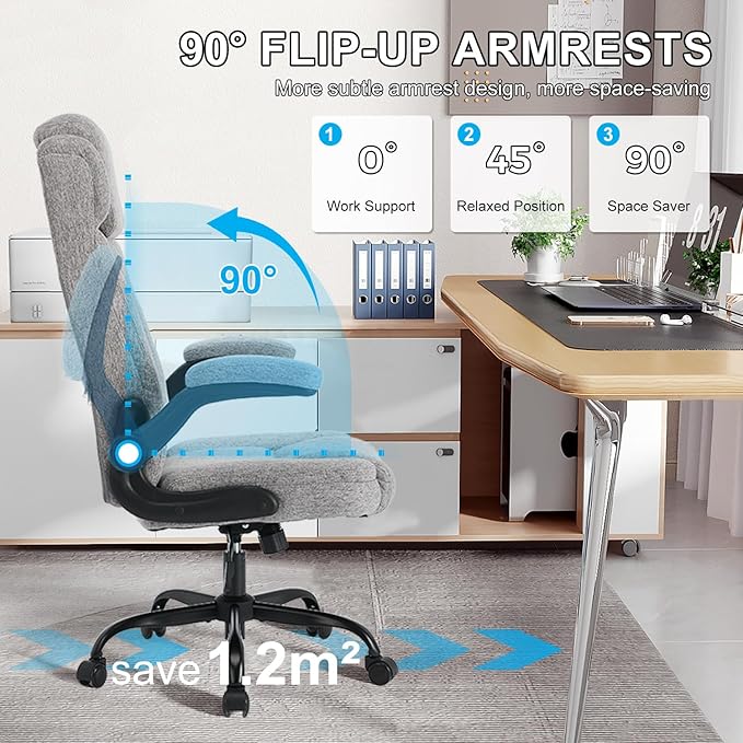 High Back Fabric Office Chair, Ergonomic Computer Desk Chair with Adjustable Headrest & Flip-up Armrests, 120° Tilt Rock Function, 400 lbs Weight Capacity for Home Office & Lumbar Support