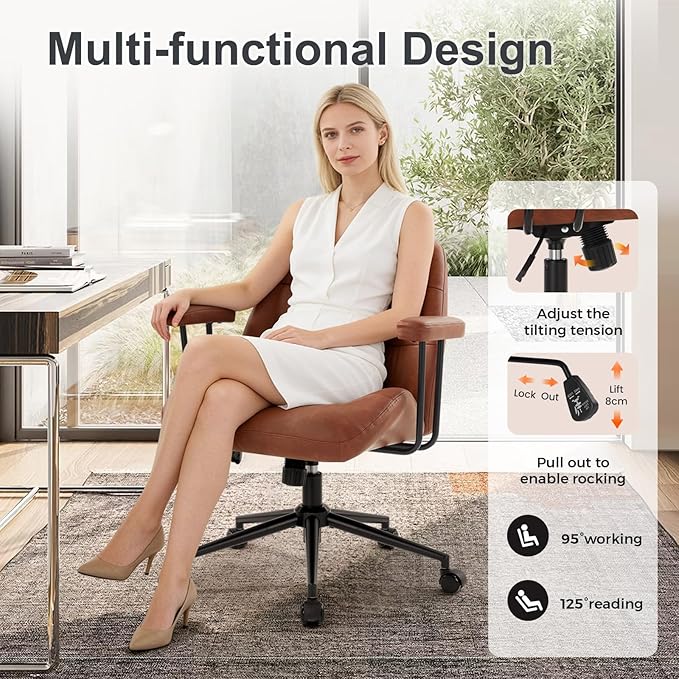 IWMH Leather Office Chair with Removable Armrests，Mid-Back Ergonomic Desk Chair with Lumbar Support，Adjustable Height 360° Swivel Executive Task Chairs for Home Office (Brown)