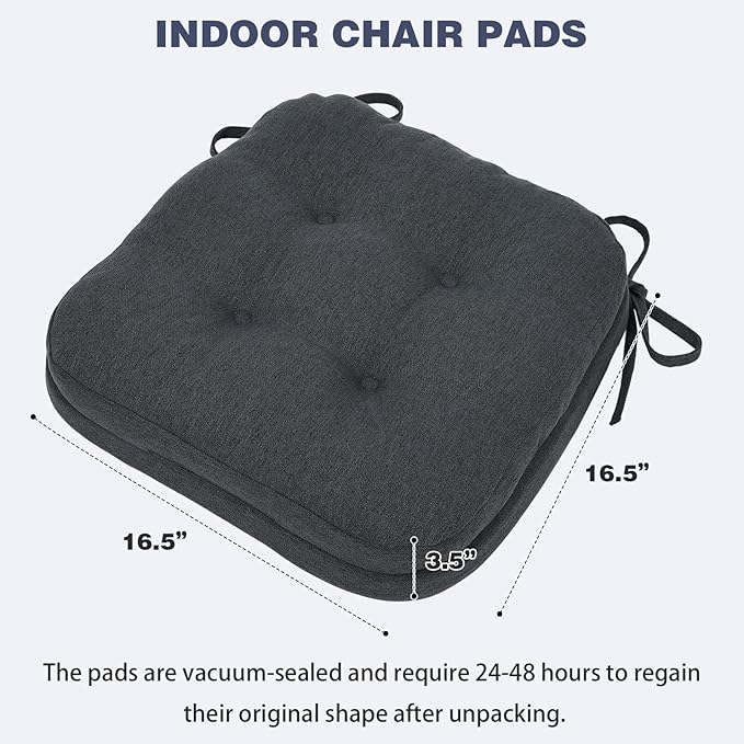 baibu Set of 6 Dining Chair Cushions, Dual-Layer Patent Design Memory Foam Kitchen Chair Cushions, Non-Slip Seat Pads with Ties, 16.5 x 16.5 x 3.5in, 6 Pack, Charcoal Grey