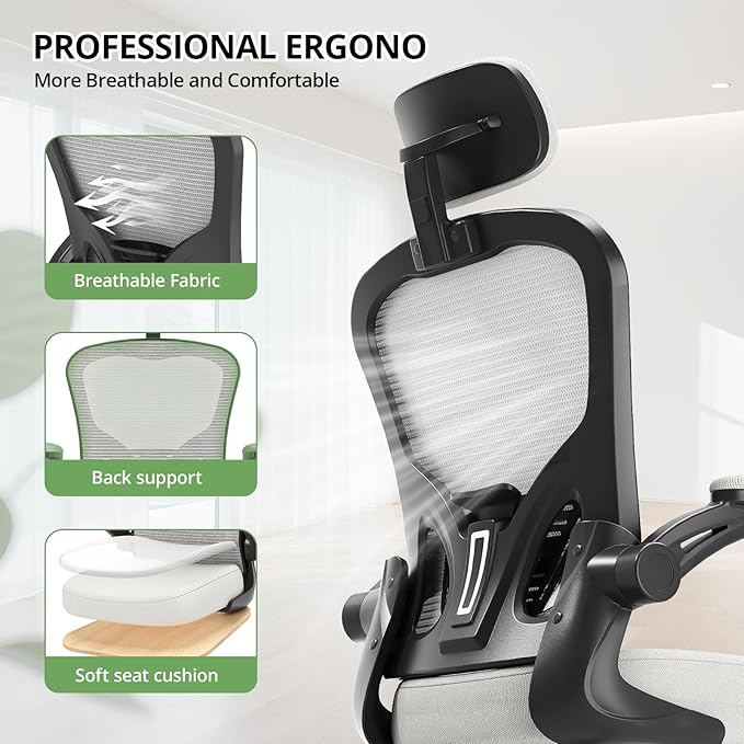 Synorla Office Chair Ergonomic Desk Chair, 330LBS Capacity, High Back Computer Design for Long Hours Comfort, Rolling Swivel Executive Task for Home Office with Flip-up Armrests, Black Grey