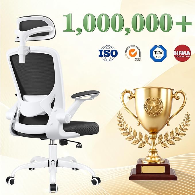 BESTFAIR Office Chair Ergonomic Desk Chair, Breathable Mesh Office Chairs with Adjustable Lumbar Support, Flip-Up Arms, Computer Desk Chair Comfy for Home Office, White