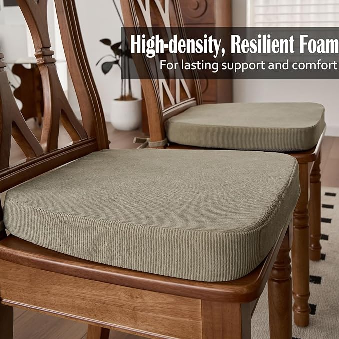 2'' Thick High-Density Foam Indoor Chair Cushions | Dining Chair Pads with Ties, Removable Washable Cover, Kitchen Chair Cushions 17"x16",Khaki 6 Pack
