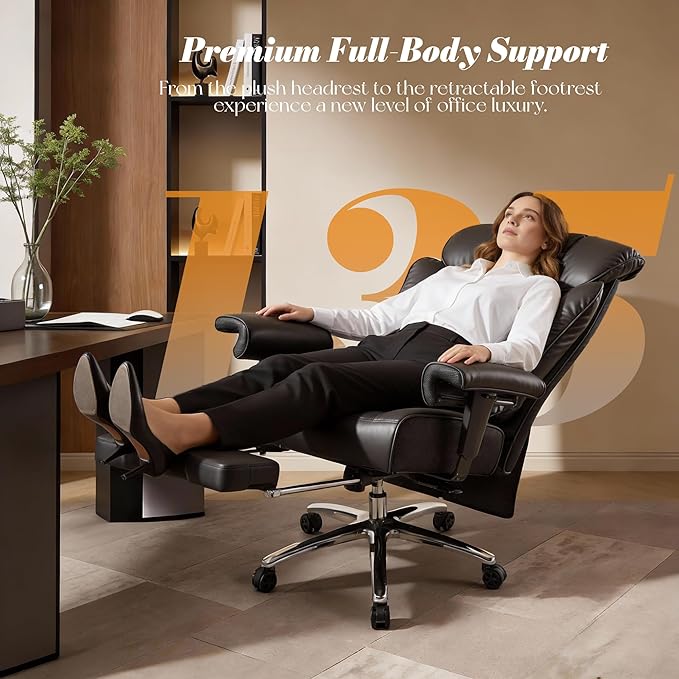 Efomao Big and Tall Office Chair 400 lbs Capacity, Oversized Executive Desk Chair with Footrest, Extra Wide 23" Seat, High Back Ergonomic PU Leather Home Office Chair， Black