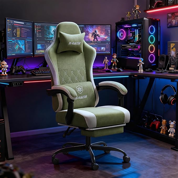 Homall Gaming Chair with Massage & Footrest, Ergonomic Computer Office Chair, High-Back Racing Style Reclining Chair with Adjustable Lumbar Support, Breathable Tech Fabric for Adults (Green)