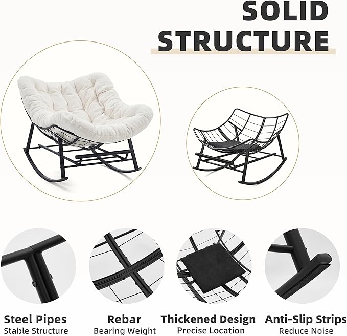 Oversized Rocking Chair Indoor with Foot Rest, Papasan Rocking Chair Outdoor, Lounge Chair with Cushion, Patio Egg Rocker Chairs, Comfy Reading Chairs for Living Room, Garden, Lawn, White