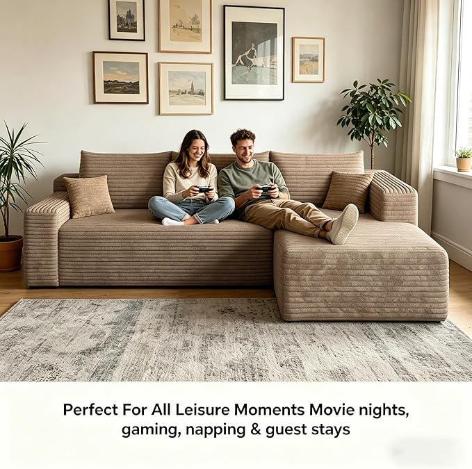 94" Camel Boneless Couch with Right Facing Chaise for Living Room, Corduroy L-Shaped Sectional Couches,Compressed Memory Foam Cloud Sofa,No Assembly Required,Camel