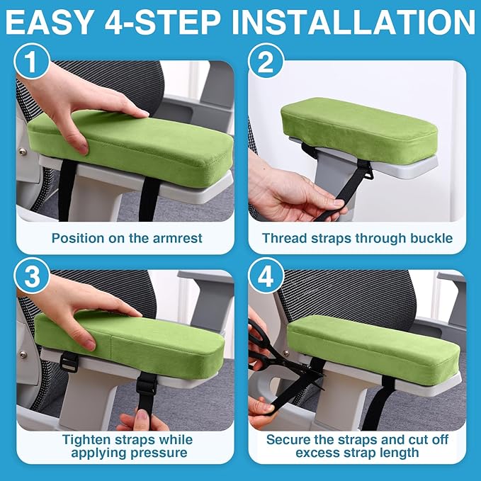 Smiry Ergonomic Office Chair Armrest Pads, Memory Foam Arm Rest Covers, Non-Slip Armrest Cushion with Adjustable Buckles and Straps, Elbow Relief for Desk, Gaming & Wheelchair (Green, Set of 2)