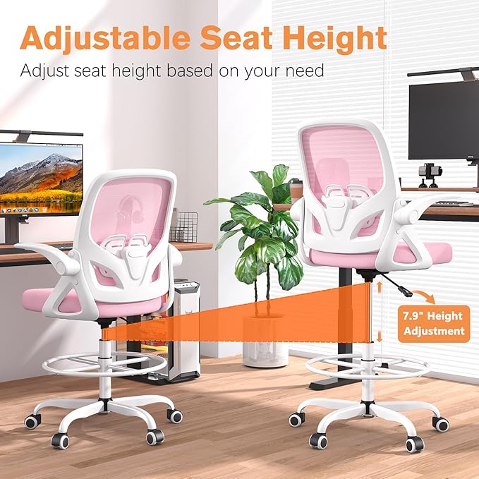 ORRSAKER Drafting Chair Tall Office Chair for Standing Desk, Breathable Mesh Ergonomic Computer Desk Chair with Flip-Up Armrests, Adjustable Lumbar Support and Footrest Ring,300 LBS，Pink