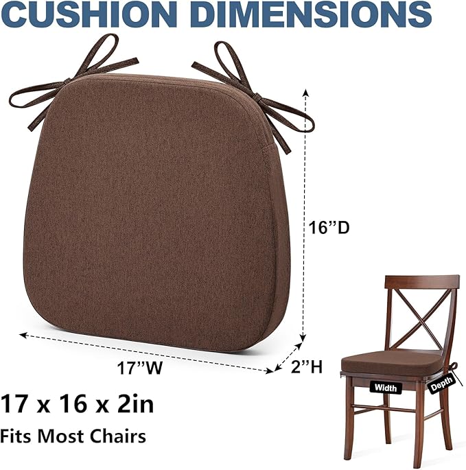 Shinnwa Dining Chair Cushions Set of 6, Non-Slip Kitchen Chair Cushions with Detachable Straps and Machine Washable Cover, 6 Pack, 17x16x2in, Brown