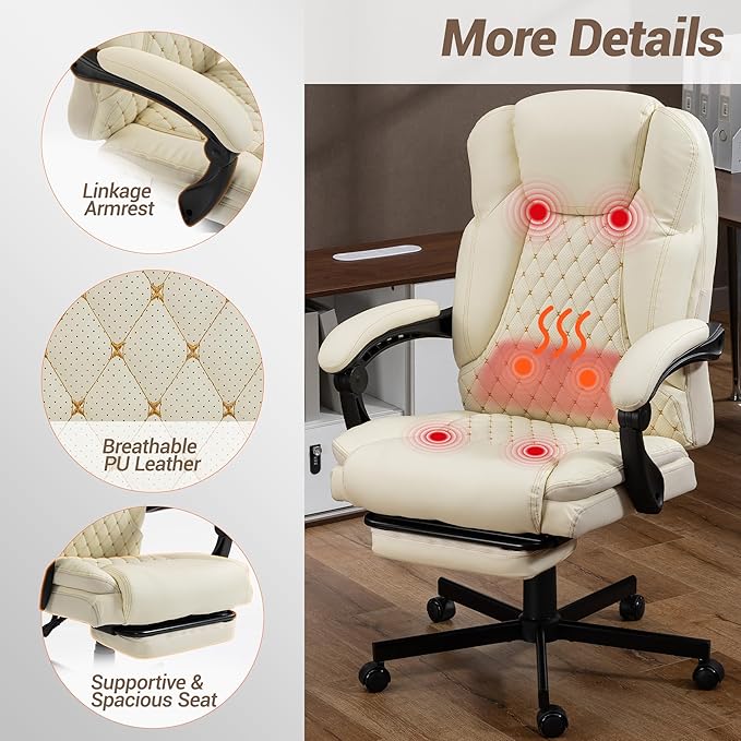 Massage Office Chair with Foot Rest, 6 Points Vibration Heating Executive Chairs Ergonomic Home Office Desk Chair with Reclining Backrest, Adjustable Arms and Lumbar Support-Beige