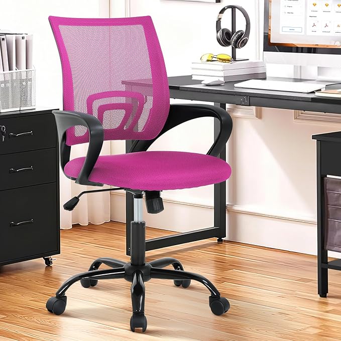 Ergonomic Office Chair Mesh Mid Back with Lumbar Support Armrest, Adjustable Home Desk Chair Comfy Computer Task Drafting Rolling Swivel Chairs for Gaming, Home Work, Study, Pink