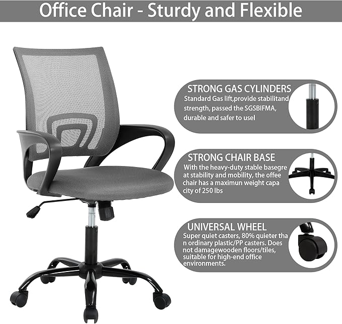 Ergonomic Office Chair – Mesh Computer Chair w/Lumbar Support, Adjustable Height & Tilt, Swivel Desk Chair for Home & Office (Black), Metal Base, Gray