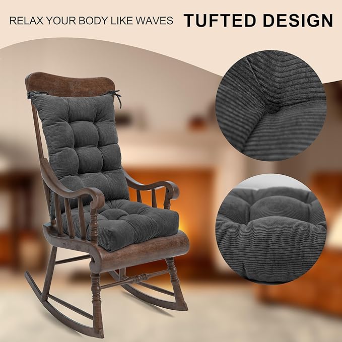 Lokex Rocking Chair Cushion Only,Tufted Non-Slip Comfortable Rocking Chair Cushions Indoor with Ties,Striped Rocking Chair Pads (Dark Gray-S2064-20, 21x17/17x17)