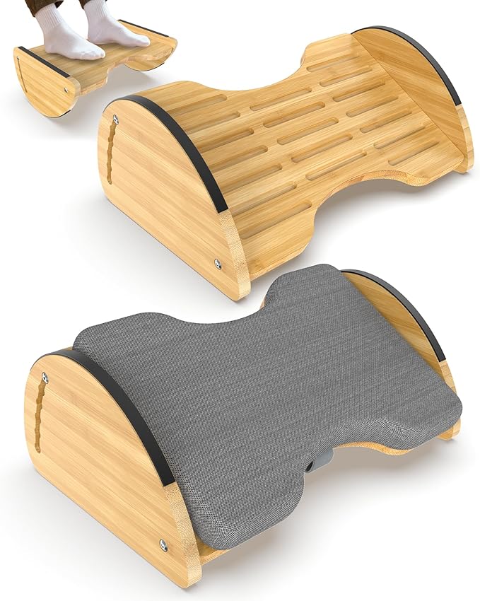 Bamboo Foot Rest Under Desk 3-in-1 + Bamboo Rocking Under Desk Footrest 2-in-1 with 6 Adjustable Heights for Home, Office and Gaming, 2 Pack