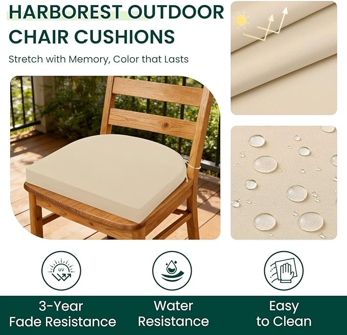 HARBOREST Outdoor Chair Cushions Set of 4, Water Resistant Patio Chair Cushions with Ties, Outdoor Seat Cushions for Patio Furniture, 17"x16"x2", Beige