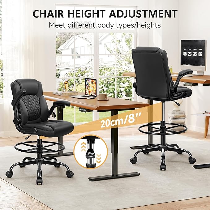 Drafting Chair,Tall Office Chair for Standing Desk,High Executive Leather Ergonomic Computer Chair with Adjustable Height and Flip-Up Armrest for Counter Height Desk,Black