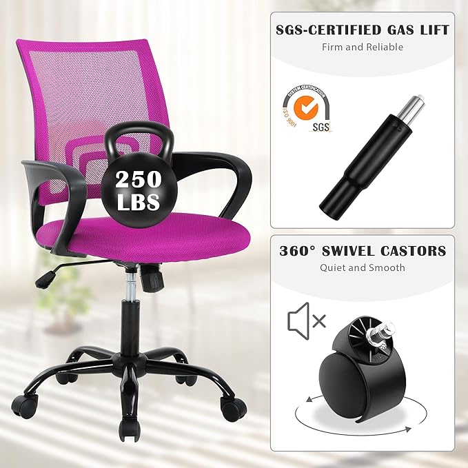 Office Chair, Adjustable Computer Chair with Lumbar Support, Office Desk Chair with Breathable Mesh Backrest, Home Office Desk Chairs for Student, Adults, Study, Dorm, Small Computer Chair (Pink)