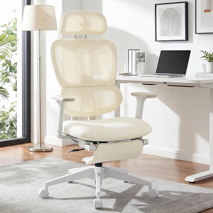Ergonomic Office Chair with Footrest, 90-135° Reclining High Back Desk Chair with Lumbar Support, 2D Headrest, 2D Armrests, Computer Chair for Long Hours, Cream