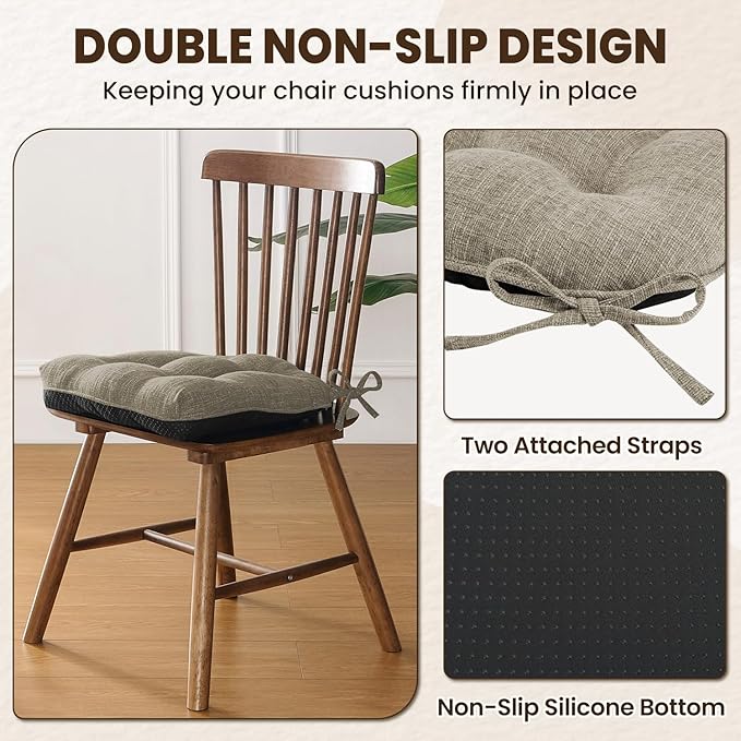 downluxe Indoor Chair Cushions for Dining Chairs, Tufted Overstuffed Textured Kitchen Chair Pads with Ties and Non-Slip Backing, 16.5" x 16.5" x 4", Khaki, 4 Pack