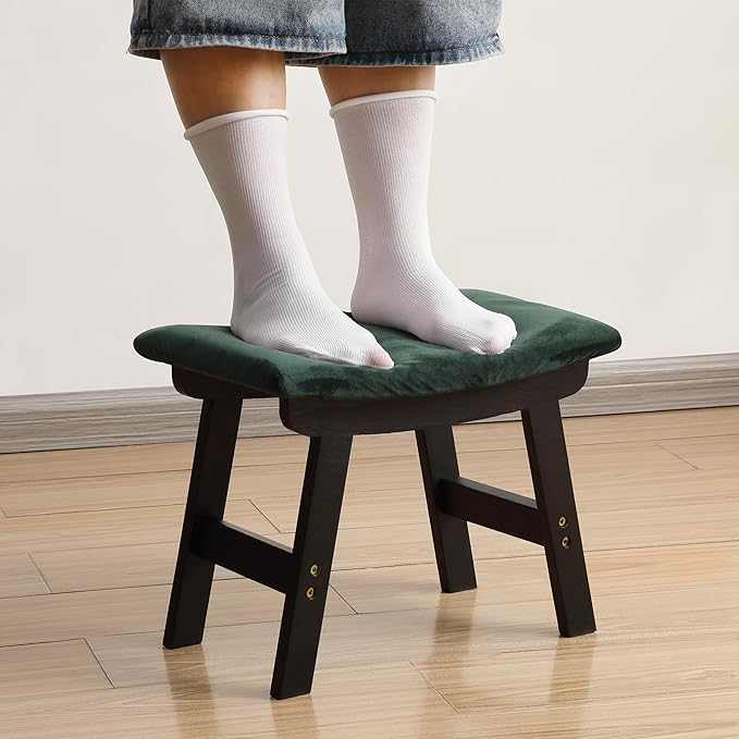 BAMBOO LAND- Bamboo Foot Stools Ottoman, Green Cushion & Black Wood Legs, Small Ottoman Foot Rest for Couch
