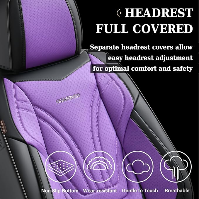 Coverado Car Seat Covers Full Set, 5 Piece Car Seat Protector with Lumbar Support & Removable Headrest, Breathable Leather Front Rear Seat Cushion Universal Fit for Truck Automotive Purple