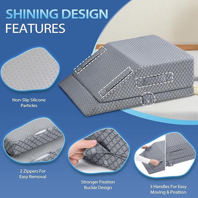 Wellsin 2 Height Adjustable Wedge Leg Pillow for Elevation, Memory Foam Leg Elevation Pillows for Swelling with 3 Handles and Washable Cover