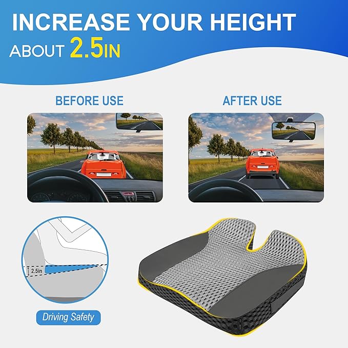 Lofty Aim Car Seat Cushion, Comfortable Memory Foam Seat Pillow for Driving, Sciatica-Back Pain Relief, Cushion for Car-Truck, Office, Wheelchair - Large Black & Gray