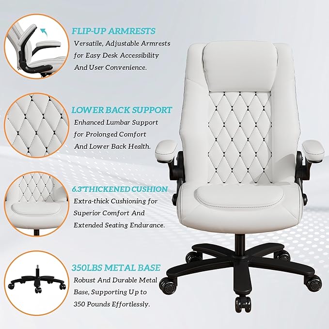 GYI Office Chair, Ergonomic Computer Desk Chair, Leather Executive Office Chair with High Back, Lumbar Support, Flip-up Arms, Wide and Thick Padded Seat, Heavy Duty Base, Rubber Wheels, White