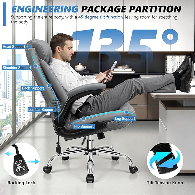 Office Chair, Big and Tall Ergonomic Desk Chair, Executive Leather Computer Chair with Adjustable Lumbar Support, Comfy Gaming Chair with Flip Up Arms, Swivel PC Chair with Rocking Function, Gray