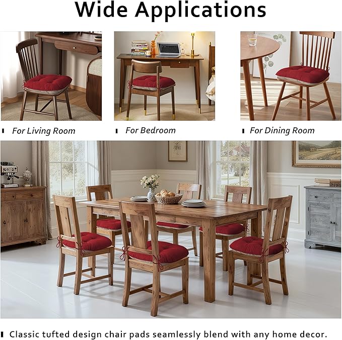 ELFJOY Dining Chair Cushions Thick Non Slip Kitchen Chair Pads with Ties Comfortable Indoor Kitchen Seat Cushions 18" x 18" x 3" (2, Red)