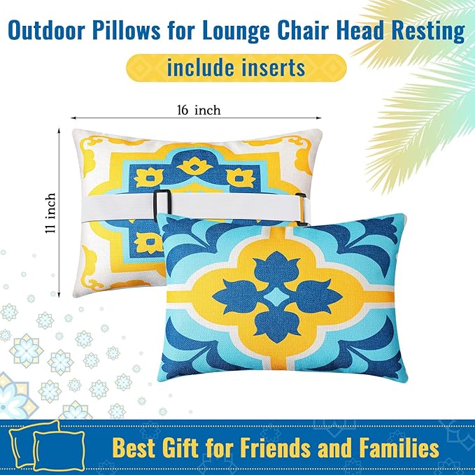Juexica 2 Pack Chaise Lounge Pillow with Strap Outdoor Waterproof Beach Chair Neck Headrest Pillow Adjustable Elastic Band for Hammock Lumbar Recliner Pillows for Patio Pool Chair(Boho Blue Flower)