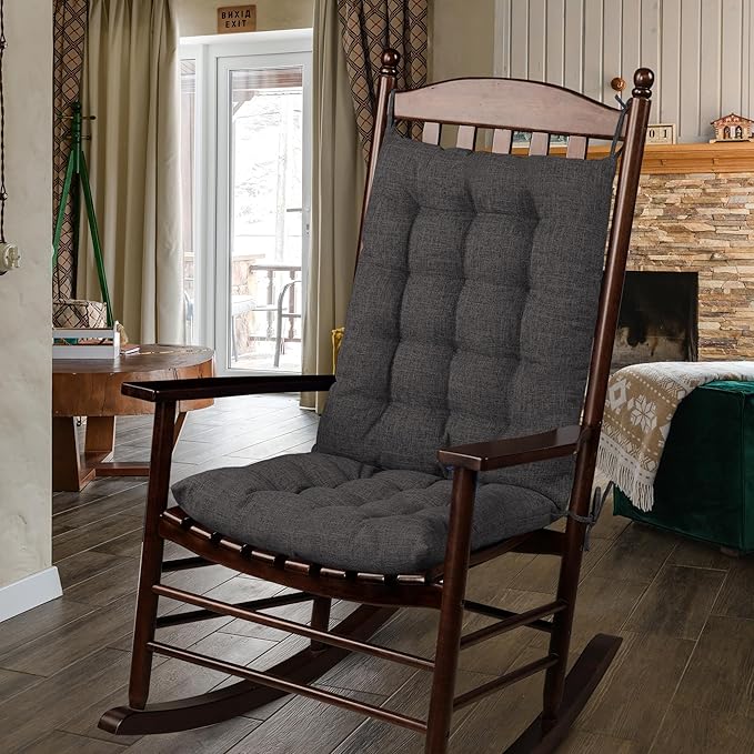 ELFJOY Rocking Chair Cushion Large Rocking Chair Pads with Ties Premium Linen High Back and Seat Cushion 2 Piece Set Linen Dark Grey