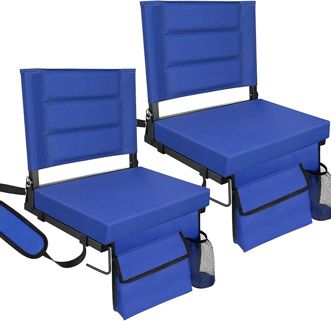Stadium Seats with Back Support,Bleacher Chairs with Cushion, Portable Folding Stadium Chair with Removable Cushion and Large Pocket for School Events Sports Game(Blue 2 Pack)