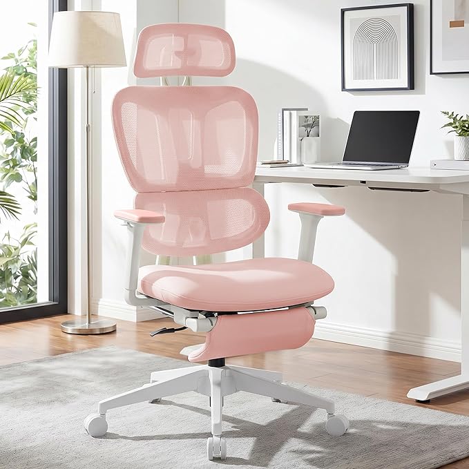 Ergonomic Office Chair with Footrest, 90-135° Reclining High Back Desk Chair with Lumbar Support, 2D Headrest, 2D Armrests, Computer Chair for Long Hours, Pink