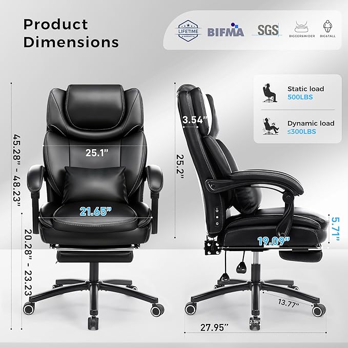 500lbs 3D Kneading Massage Office Chair with FootRest, Big and Tall Ergonomic Reclining Computer Gaming Chair, Padded Linkage Armrests, Heavy Duty Metal Base Executive Office Chair
