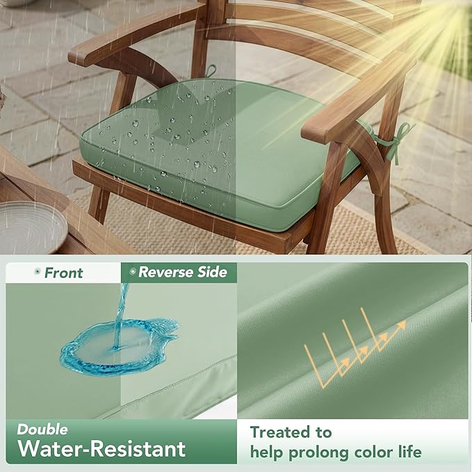Outdoor Chair Cushions Set of 2: Waterproof & Fade Resistant Patio Furniture Cushions - 17 x 16 x 2 Inch Non Slip Round Corner Seat Cushion Pads with Removable Cover for Garden Yard Lawn, Sage Green