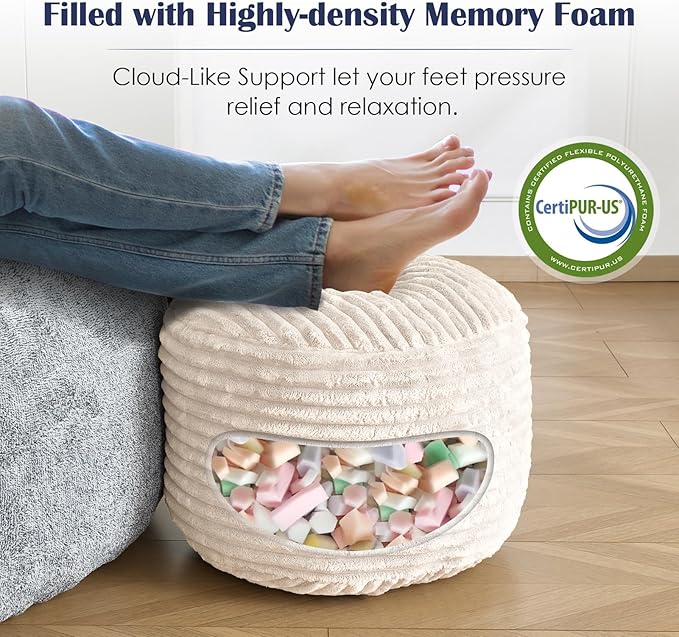 Round Ottoman,Corduroy Pouf Ottoman Foot Rest,Storage Footstool for Living Room,20x15 Soft Floor Poufs,Memory Foam Filling - Beige, 20x15 in