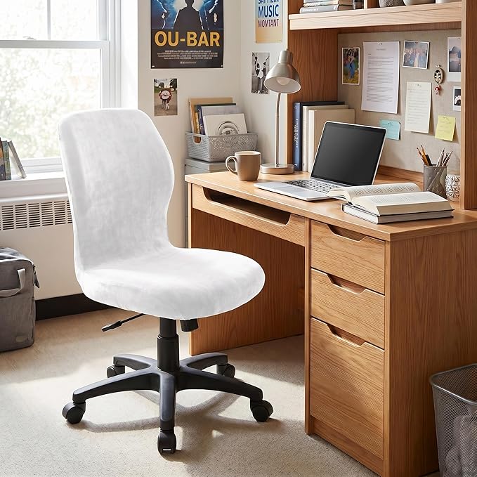 Deisy Dee Velvet Stretch Armless Office Chair Covers - Colorful Stretch Slipcover for Desk Chairs (Off White)