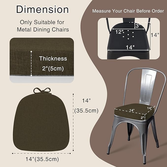 OVOV 14x14 Chair Cushions for Metal Dining Chairs Set of 2 Non Slip Thick Textured Chair Pads for Dining Chairs with Ties and Removable Cover (Khaki)