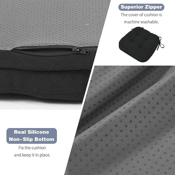 baibu Set of 4 Dining Chair Cushions, Dual-Layer Patent Design Memory Foam Kitchen Chair Cushions, Non-Slip Seat Pads with Ties, 16.5 x 16.5 x 3.5in, 4 Pack, Pure Black