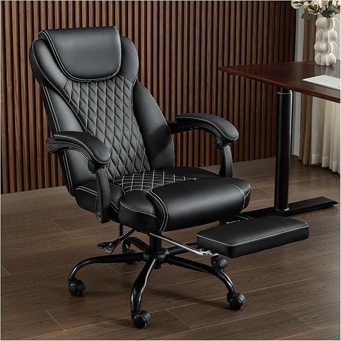 amseatec Office Chair, Big and Tall Office Chair with Foot Rest Ergonomic Chair for Home Desk, Reclining High Back Leather Chairs with Lumbar Support(Black)