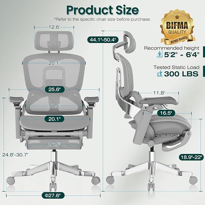 GABRYLLY Ergonomic Office Chair, Home Mesh Desk Chair with Sync Lumbar Support & Sliding Seat, 4D Arm, 150° Recline, Adjustable Back,Big & Tall Computer Chair-Footrest,Aluminum Base, Gray,FLOW550