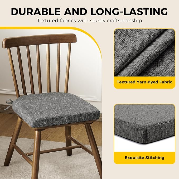 downluxe Indoor Chair Cushions for Dining Chairs, Soft and Comfortable Textured Foam Kitchen Chair Pads with Ties and Non-Slip Backing, 16" x 16" x 2", Dark Grey, 6 Pack