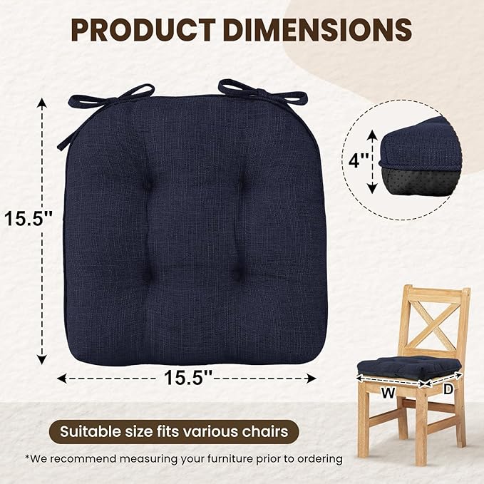 downluxe Indoor Chair Cushions for Dining Chairs, Tufted Overstuffed Textured Foam Kitchen Chair Pads with Ties and Non-Slip Backing, 15.5" x 15.5" x 4", Navy, 4 Pack