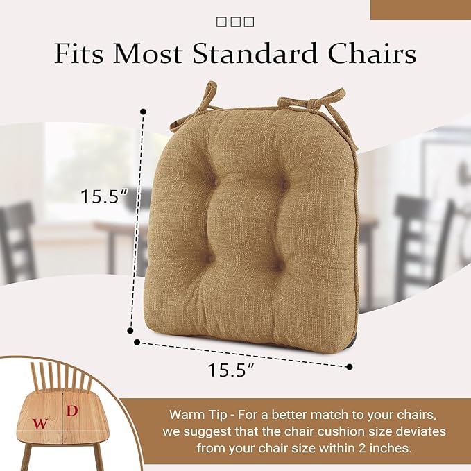 Wellsin Chair Cushions for Dining Chairs, Non-Slip Kitchen Chair Pads with Ties, Tufted Shredded Foam Kitchen Chair Cushions Set of 4, 15.5" X 15.5", Taupe