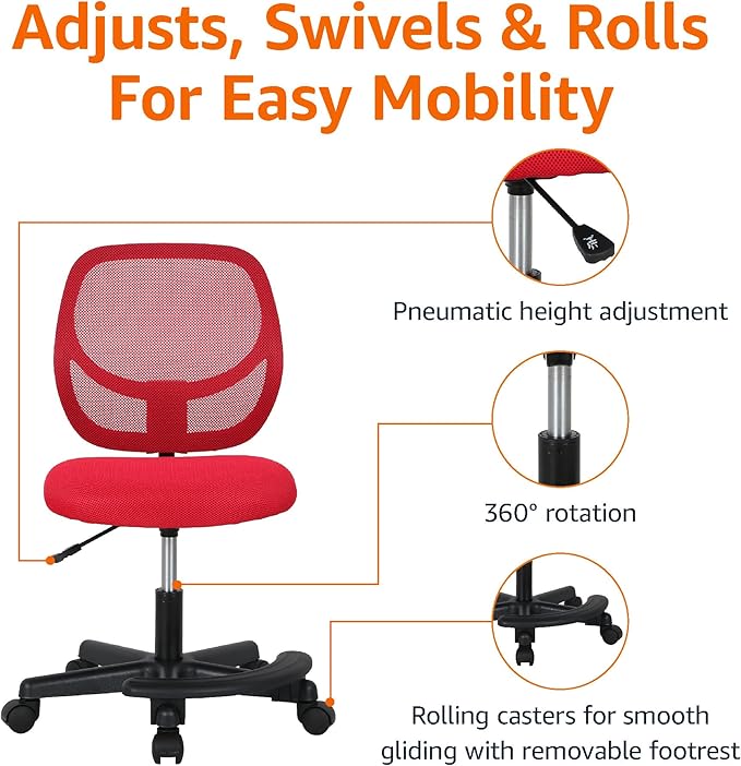 Amazon Basics Kids Adjustable Height Mesh Low-Back Swivel Desk Chair with Footrest, Rolling Computer Task Study Chair, Breathable, Red