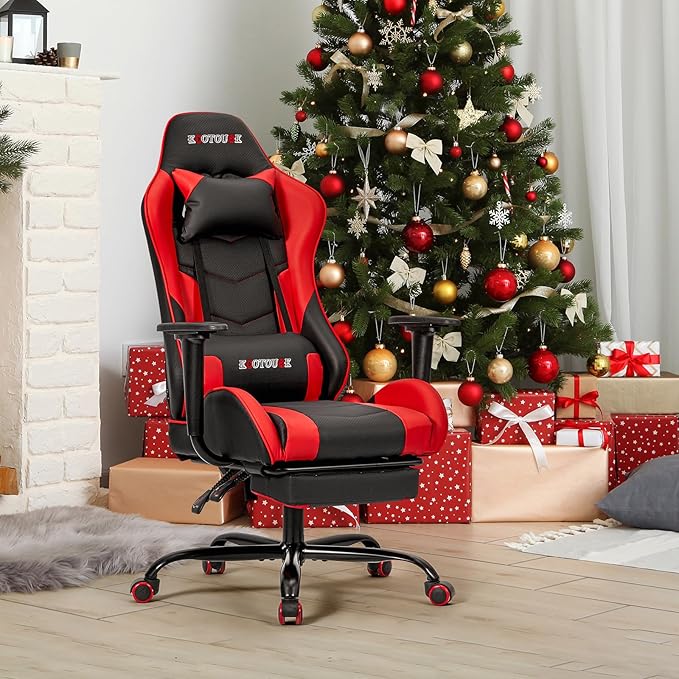 ECOTOUGE PC Massage Gaming Chair with Footrest Ergonomic Office Desk Chair Racing PU Leather Recliner Swivel Rocker with Headrest and Lumbar Pillow,Red