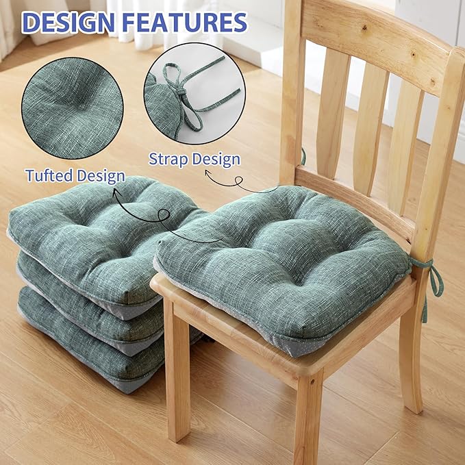 IPYNBAP Chair Cushions for Dining Chairs Set of 2, Kitchen Chair Cushions, Chair Pads with Ties Non Slip Backing, Christmas Room Decor, Tufted Memory Foam Seat Cushion 2 Pack, 15.5x15.5x4, Sage Green