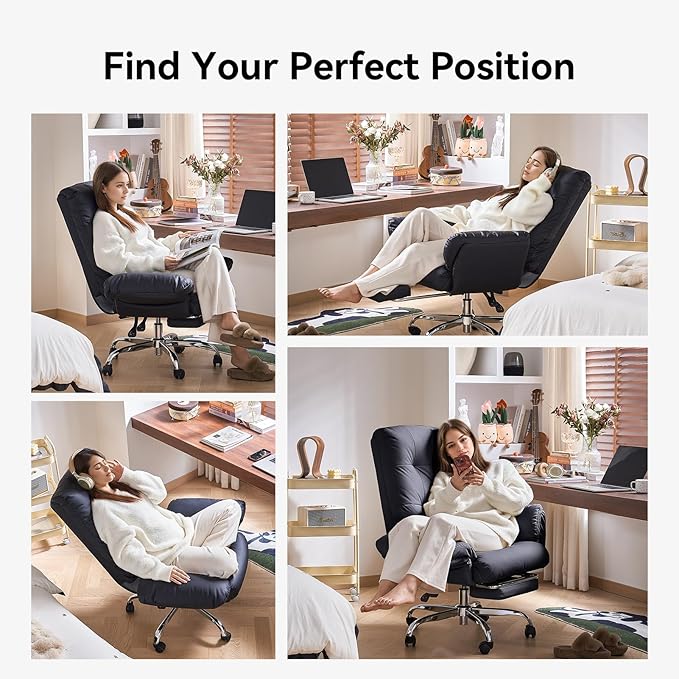 EMIAH Criss Cross Chair with Wheels Office Chair with Foot Rest and Flip-up Arms Reclining Desk Chair Comfy PU Leather Rolling Computer Home Office Chair (Black)