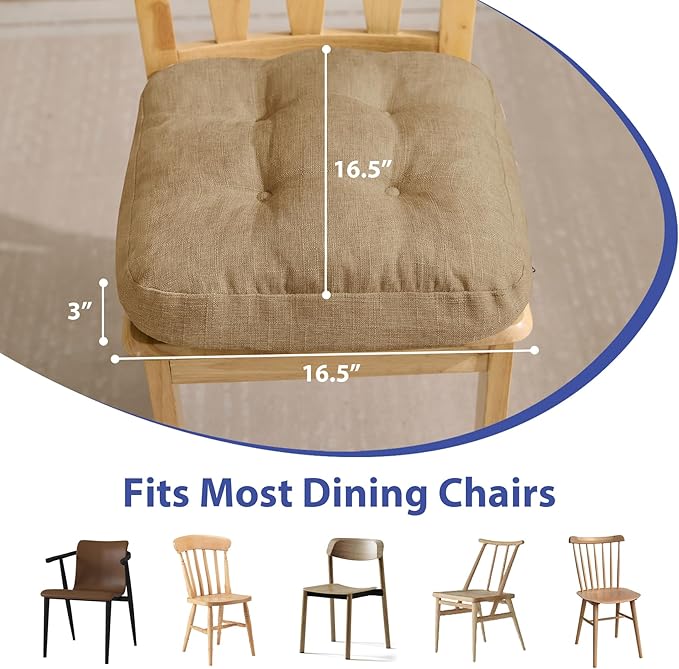 IASEAHK Chair Cushions for Dining Chairs, Dining Chair Cushions, Tufted Indoor Chair Pads with Ties & Non Slip Backing, Seat Cushions for Kitchen Chairs 16.5” x 16.5” x 3.5”, Set of 4, Khaki